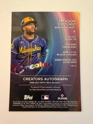 2025 Topps Finest Jackson Chourio Creators Auto Blue Refractor /99 Brewers