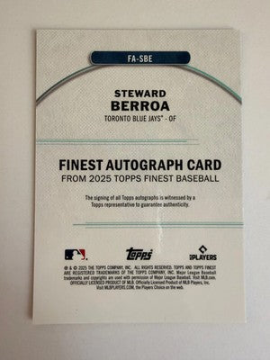 2025 Topps Finest Steward Berroa Auto RC Sky Blue /150 FA-SBE Toronto Blue Jays