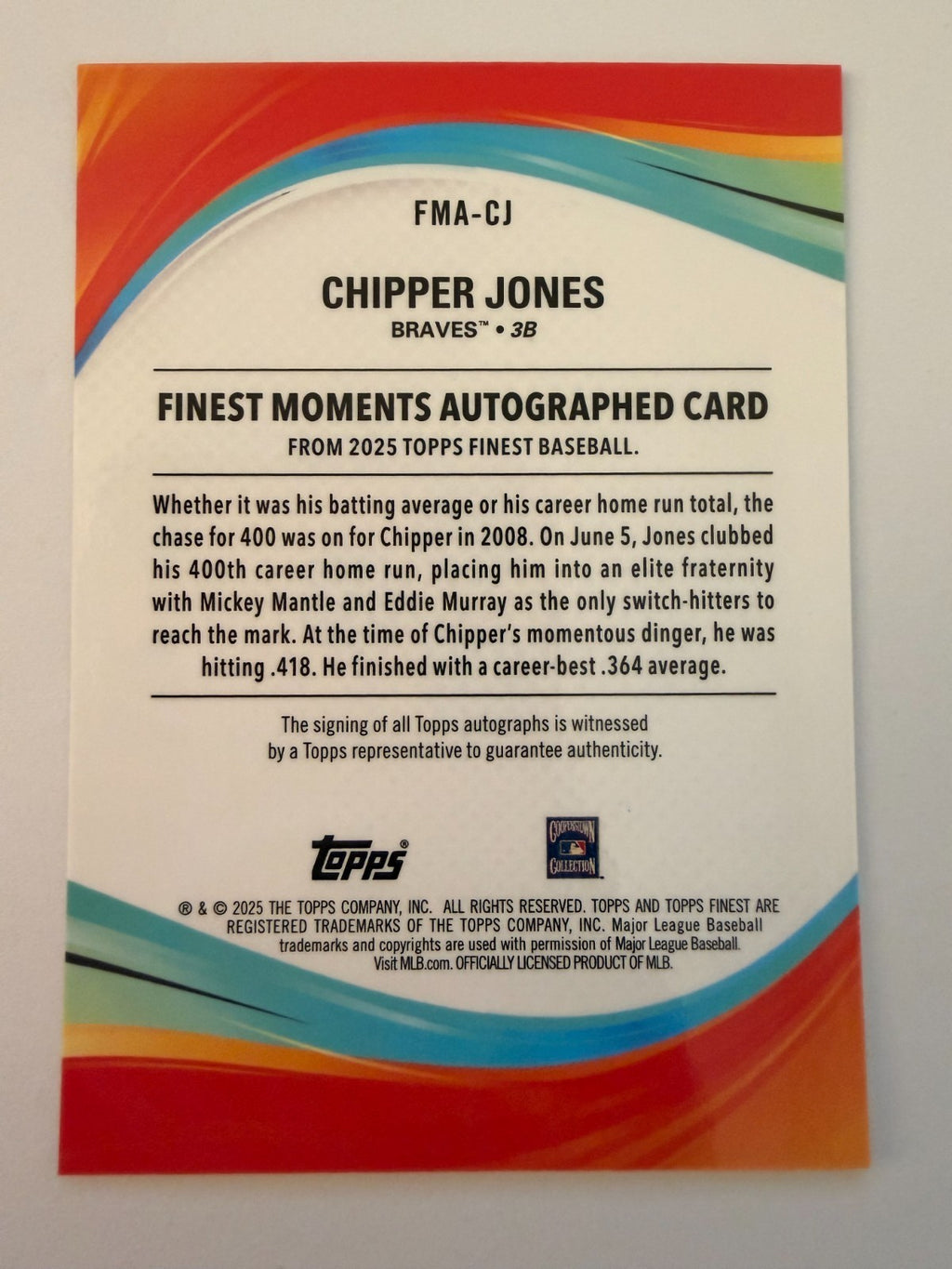 2025 Topps Finest Chipper Jones Moments Auto Orange /25 FMA-CJ HOF Braves