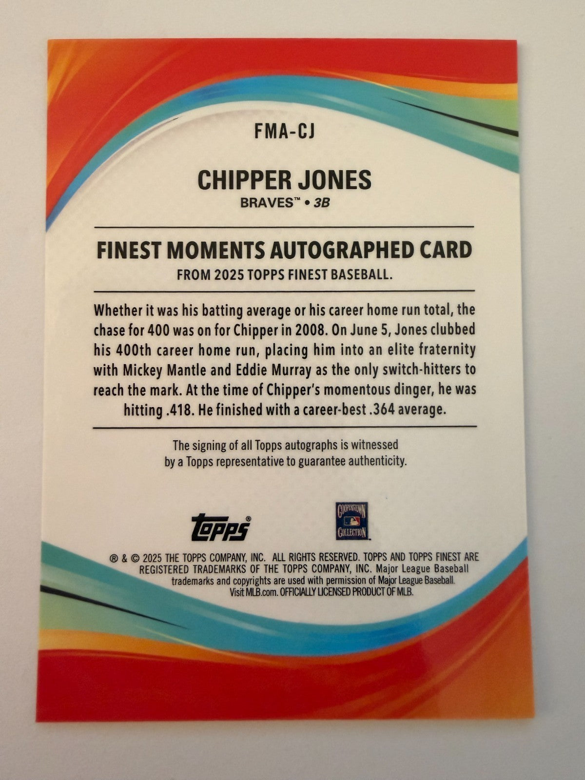 2025 Topps Finest Chipper Jones Moments Auto Orange /25 FMA-CJ HOF Braves