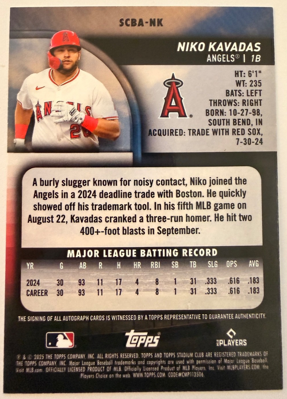 2025 Topps Stadium Club Niko Kavadas Auto RC SCBA-NK Los Angeles Angels Rookie