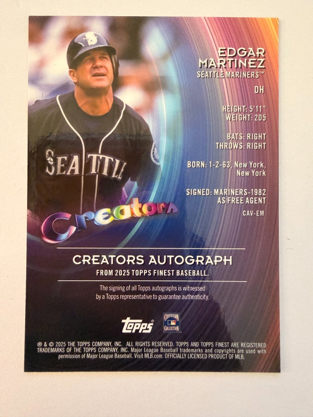 2025 Topps Finest Edgar Martinez Creators Auto Black /10 CAV-EM HOF Mariners