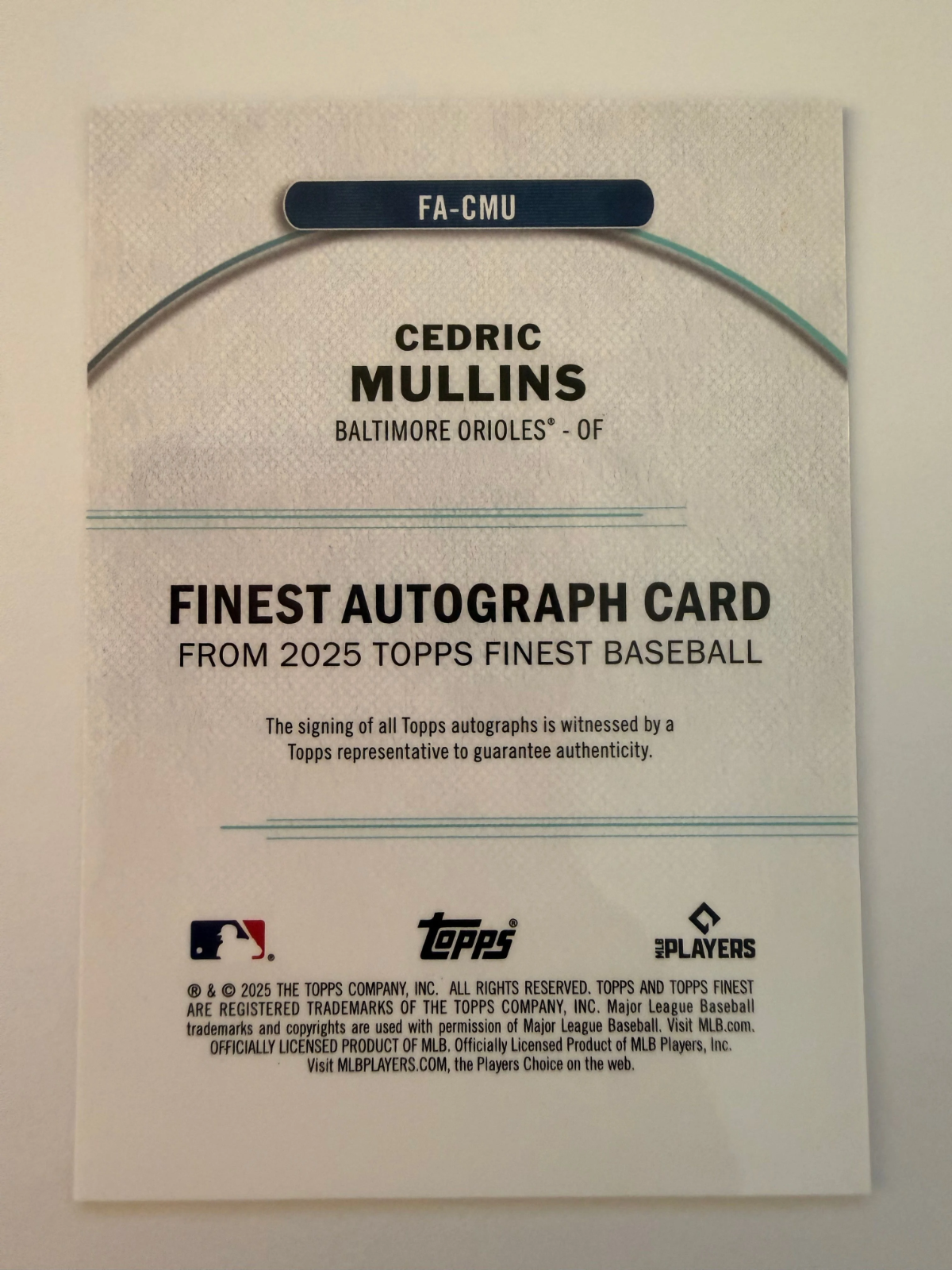 2025 Topps Finest Cedric Mullins Auto Purple /125 FA-CMU Baltimore Orioles