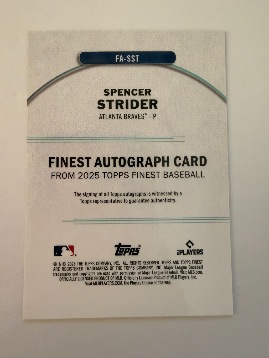 2025 Topps Finest - Finest Autographs Spencer Strider #FA-SST Gold Refractor /50