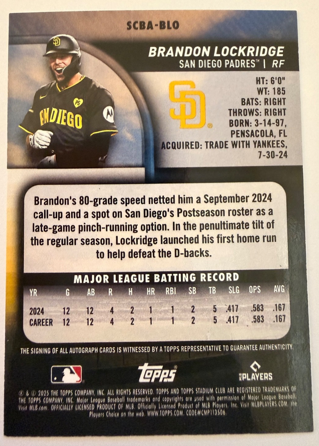 Topps 2025 Stadium Club Brandon Lockridge #SCBA-BLO Auto RC San Diego Padres