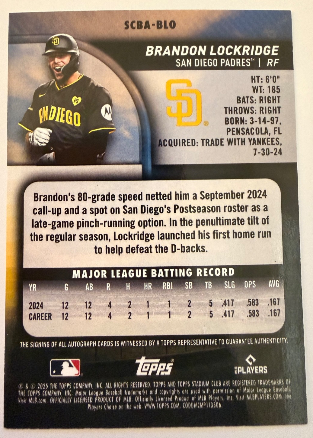 Topps 2025 Stadium Club Brandon Lockridge #SCBA-BLO Auto RC San Diego Padres