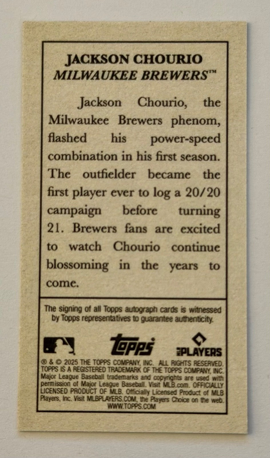 2025 Topps T205 Jackson Chourio Brewers Auto Mini Card Autograph Signature KG