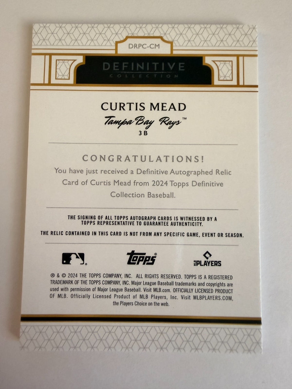 2024 Topps Definitive Collection Curtis Mead Rookie Patch Auto RPA /50 Rays