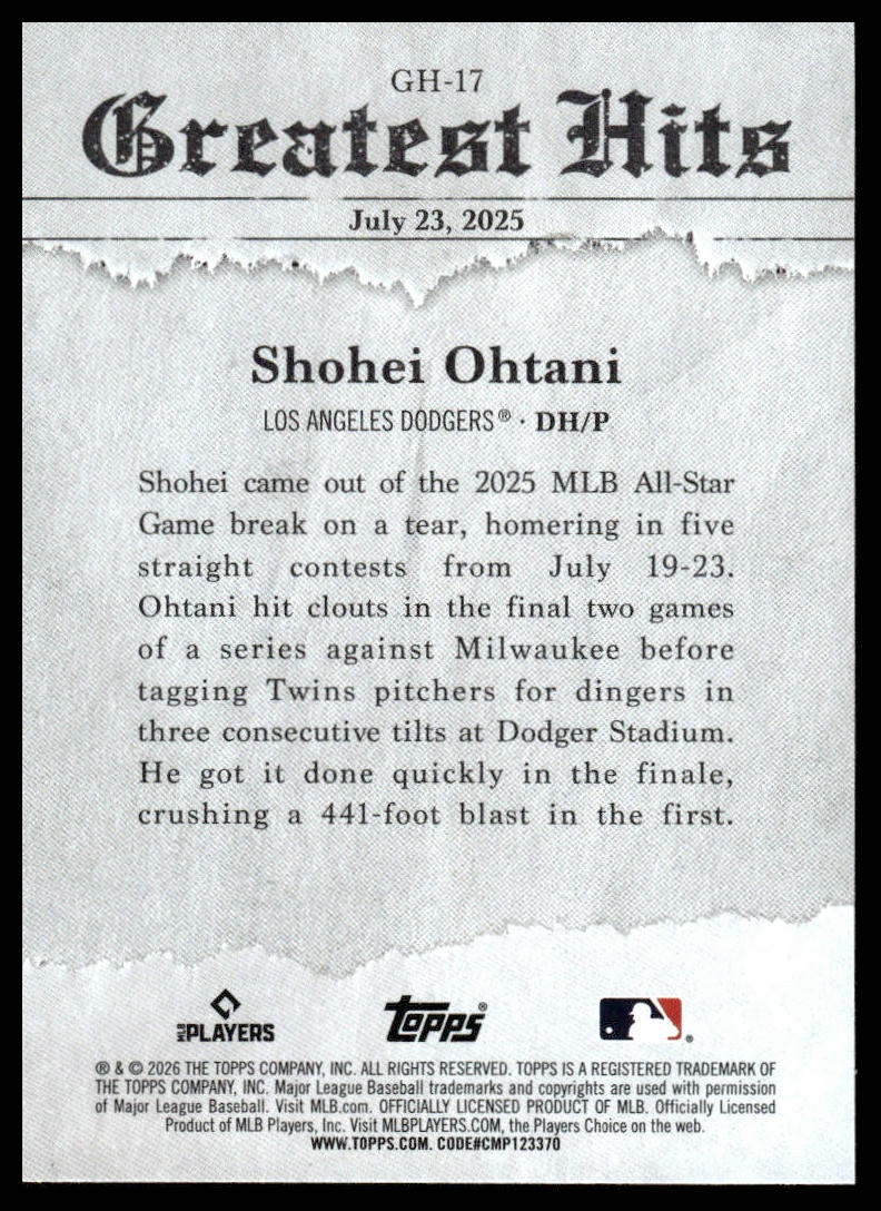 2026 Topps #GH-17 Shohei Ohtani 2025 Greatest Hits