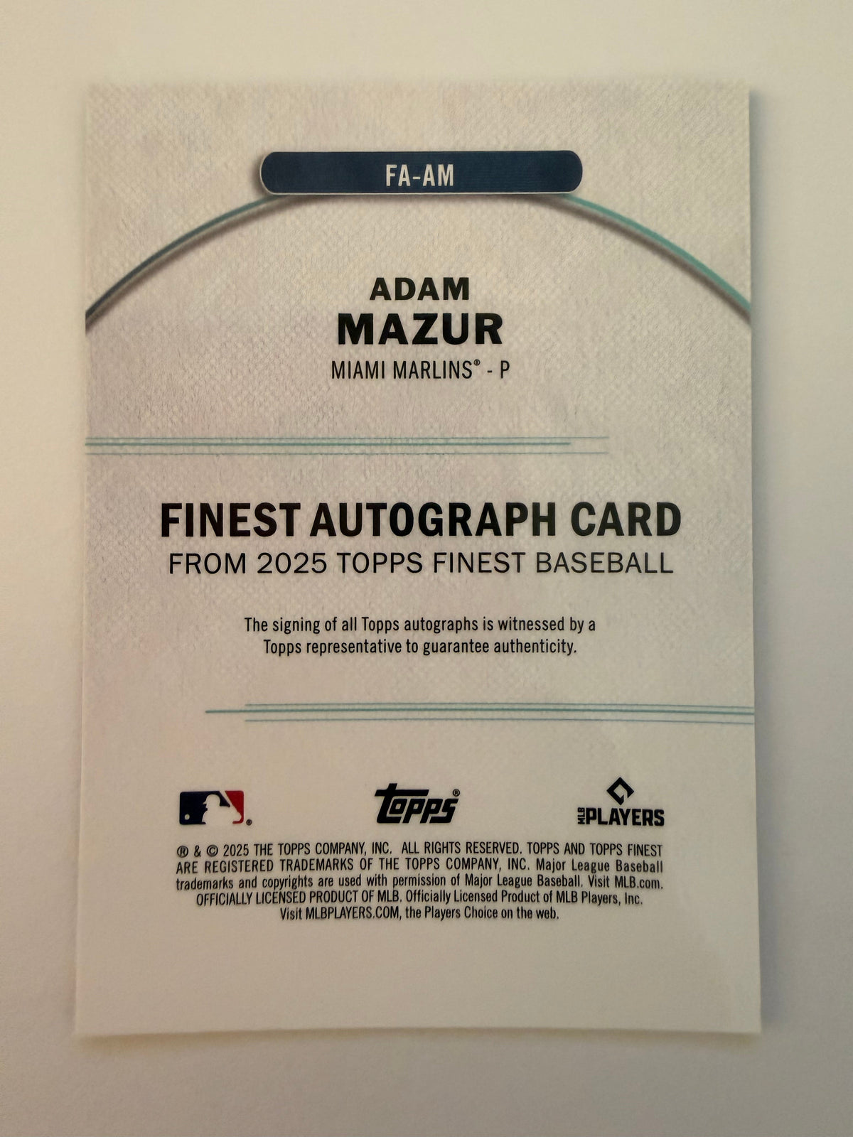 Adam Mazur 2025 Topps Finest Auto RC Green /75 — back