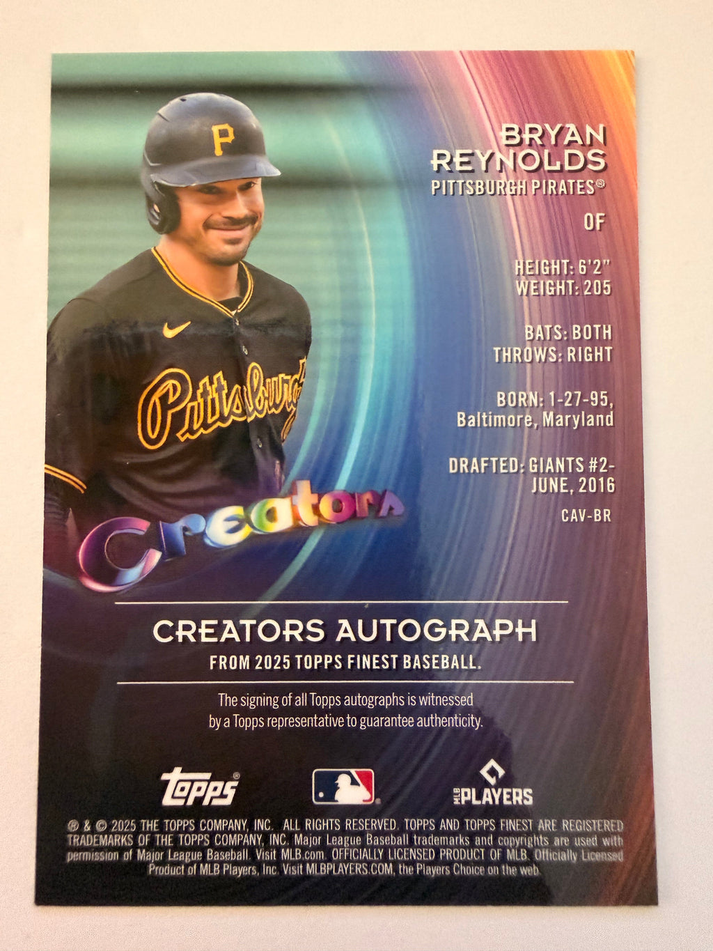 Bryan Reynolds 2025 Topps Finest Creators Auto Blue /99 — back