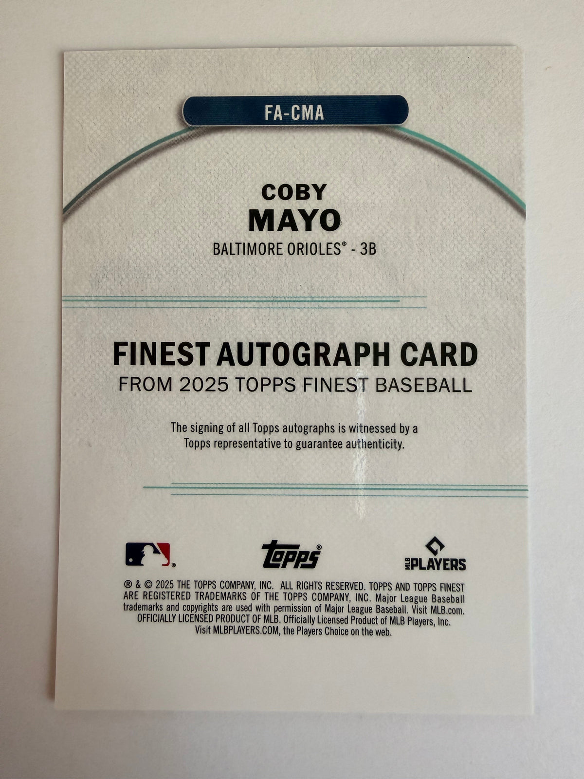 Coby Mayo 2025 Topps Finest auto back