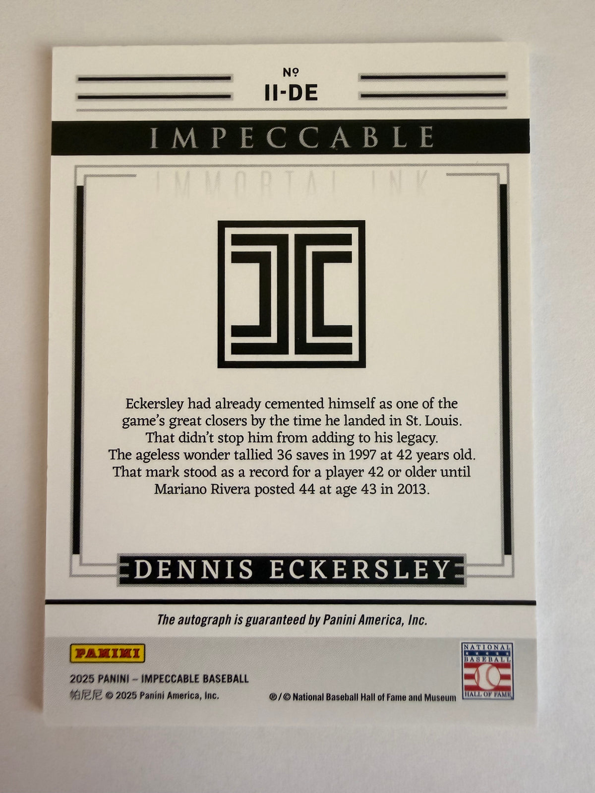 2025 Impeccable Dennis Eckersley Immortal Ink Auto /25 HOF St Louis Cardinals