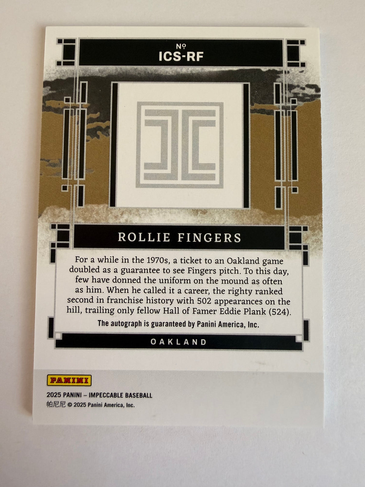 2025 Impeccable Rollie Fingers Impeccable Signatures Auto /25 ICS-RF Oakland HOF